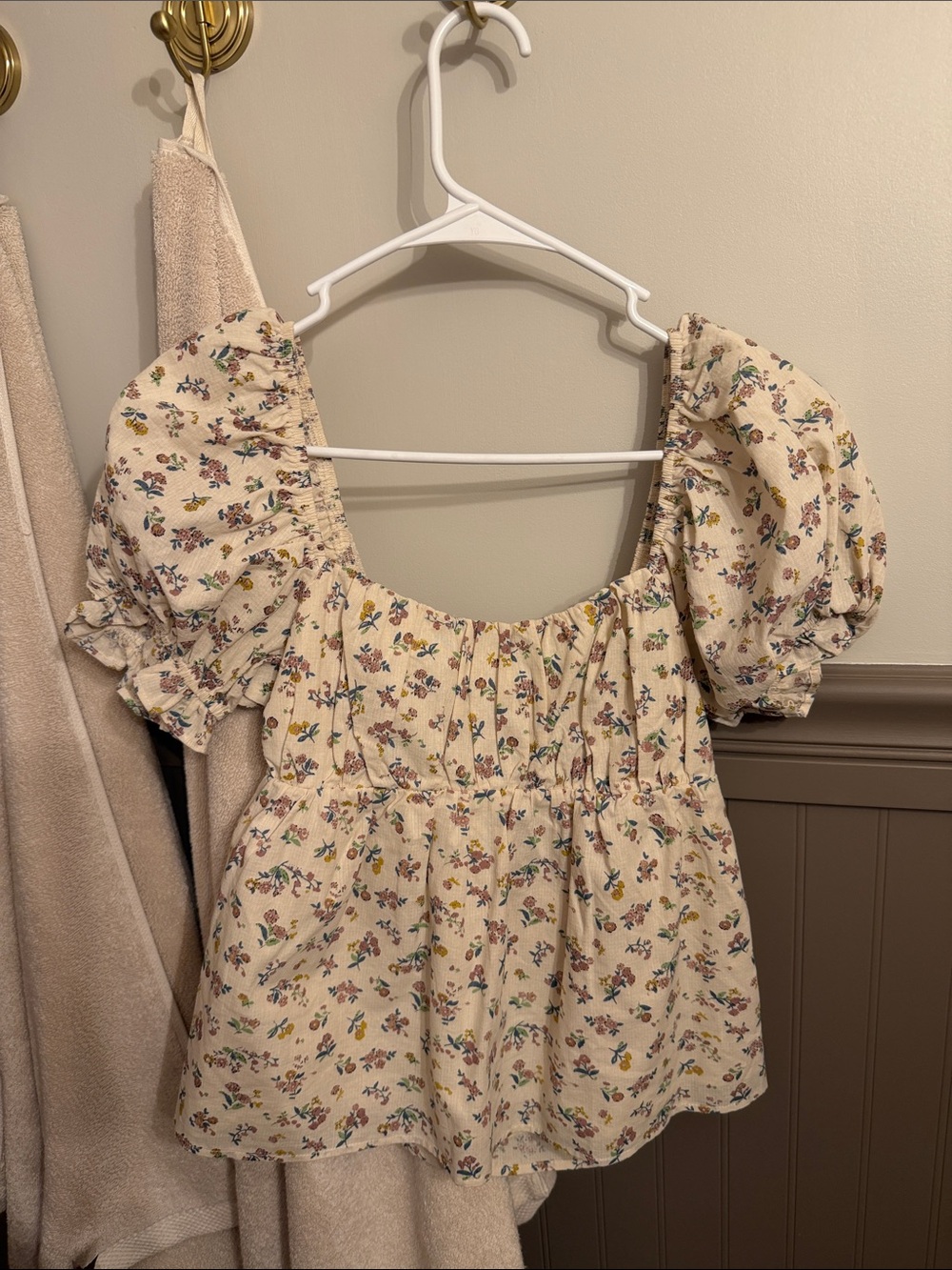 Altar'd State Cream Floral Puff Sleeve Smocked Peasant Top